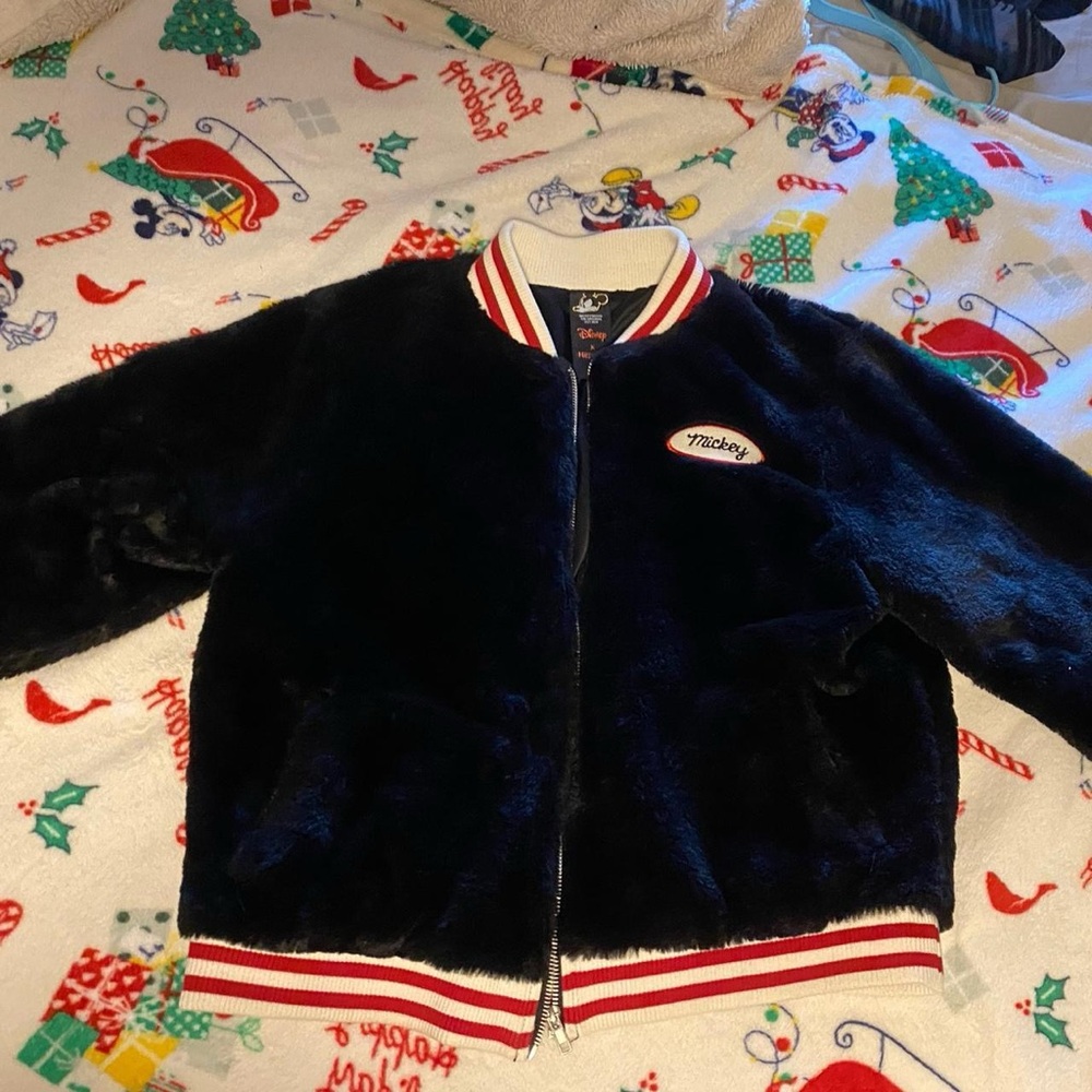 Disney Navy Faux Fur Mickey Bomber Jacket with Red & White Trim